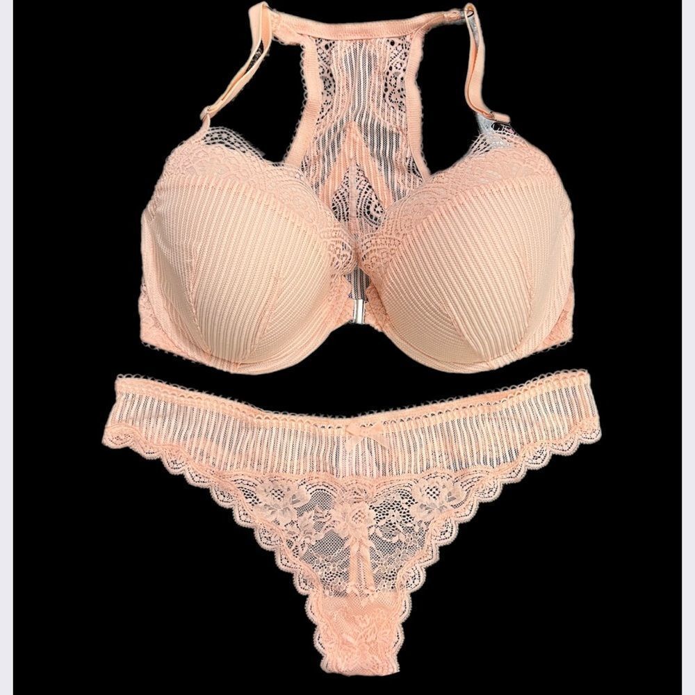 Victorias Secret Set Dream Angels Lined Demi Racerback lace bra & thong 34DDD/L